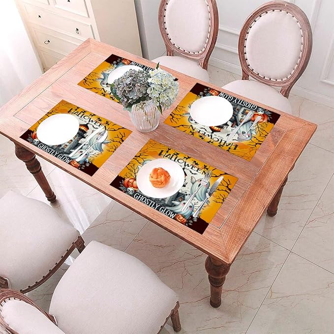 PVC Placemats Set of 4 Wipeable Table Mats Washable Heat Resistant Non Slip Vinyl Dining Table Mat for Kitchen Indoor Outdoor Patio Farmhouse Place Mats Black Halloween Castle Decorative