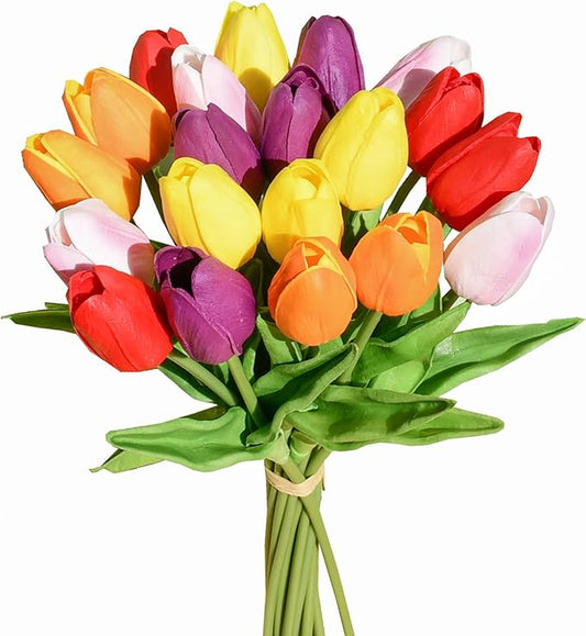 Mandy's Artificial Tulips 20 Stems Multicolor PU Faux Flowers for Thanksgiving and Christmas Decorations Wedding Home Decor 13.5 Inch