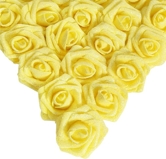 IPOPU Artificial Glitter Roses,25pcs Yellow Roses Glitter Flowers Fake Rose with Stem for DIY Wedding Bridal Bouquet Home Party Decoration(Yellow)