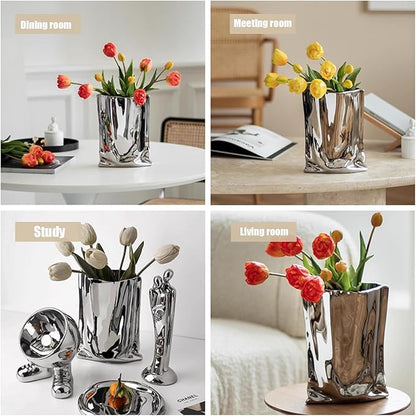 Ceramic Flower Vase, Crinkle Paper Shape, Silver Metal, Decorative Home Accent (Small)