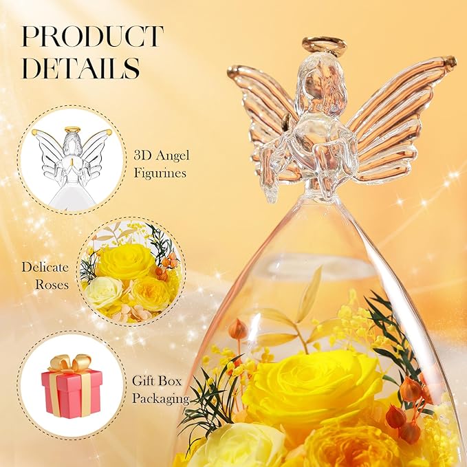RoseValley Angel Roses Gifts for Mom,Preserved Real Flowers Roses in Glass Angel Figurines,Christmas Birthday Gifts for Grandma Women Mom Wife Mother in Law/Yellow