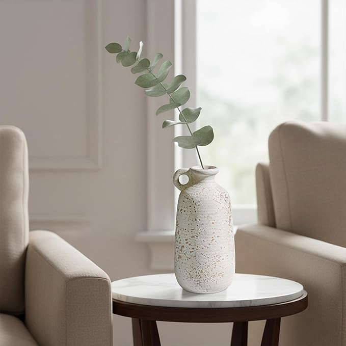 Sunddo White Ceramic Vase, Rustic Farmhouse Decorative Vase with Handle, Farmhouse Decor, Centerpieces Entryway Shelf Living Room Table Decor 10 inch