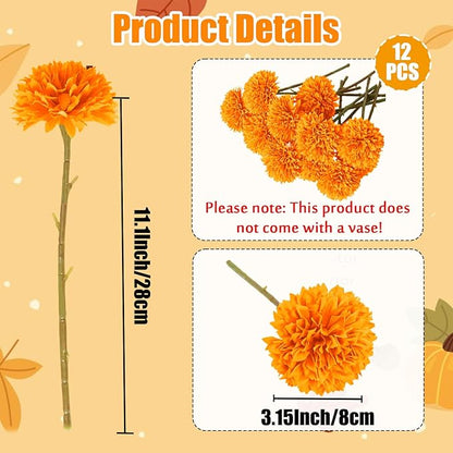 Tinsow 12 Pcs Artificial Chrysanthemum Flowers Orange Faux Ball Flowers Autumn Mums Florals Wedding Bouquet for Fall Farmhouse Home Kitchen Decoration (12, Orange)