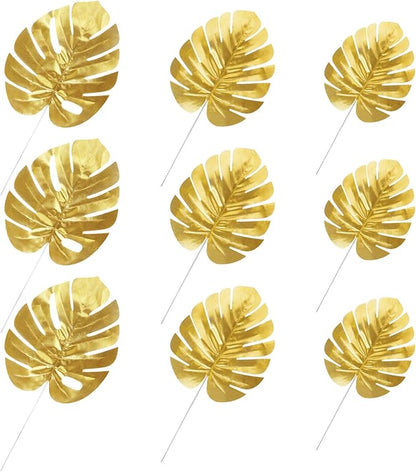 CCINEE 24PCS Golden Artificial Palm Leaves, 3 Sizes Faux Monstera Leaves Simulation Safari Leaves with Stems for Home Hawaiian Luau Party Jungle Beach Theme Party Decoration