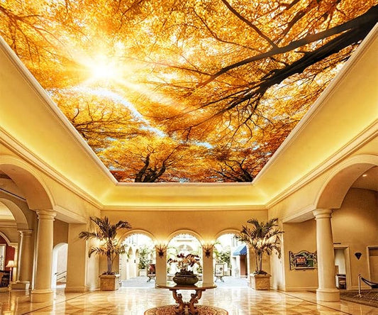 Cliouar-Warm Autumn Sun Shines Through The Golden Crowns of Tall Beech Trees Peel and Stick 90" x 67"