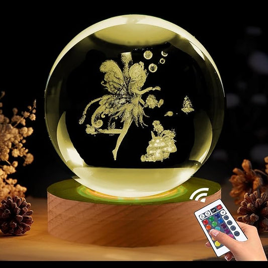 Fairy Gifts for Women Girls, 3.15in 3D Figurine Crystal Ball Lamp with Remote Control, Fairy Decor for Bedroom, Birthday Christmas for Girls Women Lovers