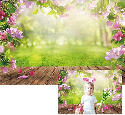 Renaiss 9x6ft Spring Nature Scenery Pink Flower Blossom Green Leaves Wood Floor Park Floral Meadow Photography Background for Wedding Baby Shower Birthday Party Decor Photo Studio Props