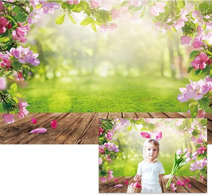 Renaiss 5x3ft Spring Nature Scenery Pink Flower Blossom Green Leaves Wood Floor Park Floral Meadow Photography Background for Wedding Baby Shower Birthday Party Decor Photo Studio Props