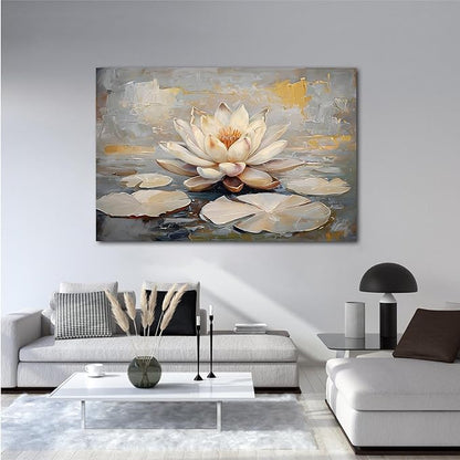 Ethereal white lotus floating on Crystal Waters poster vintage oil painting printwall art soft blush and gold accents serene home and office decor dreamy 16x24in Wood Framed