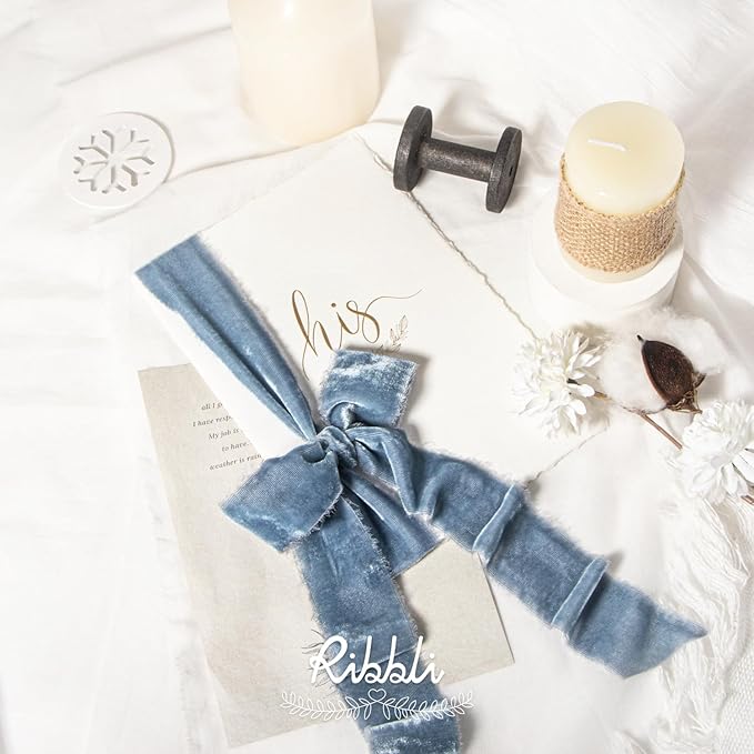 Ribbli Dusty Blue Velvet Ribbon 1.5 Inch Handmade Frayed Vintage Christmas Ribbon for Gift Wrapping Christmas Tree Ornament Wreath Craft Home Decor -3 Yards