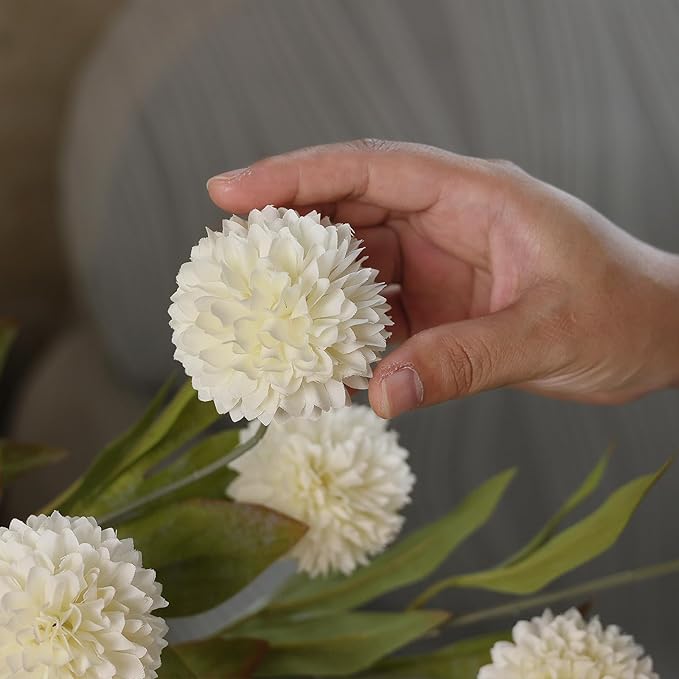 6 Pcs Faux Silk Pompon Mum Artificial Flowers for Vase -27", Bulk Fake Chrysanth Branches with Stems for DIY Bouquet Centerpieces Wedding Fillers Arrangements Shower Decorations (Cream)