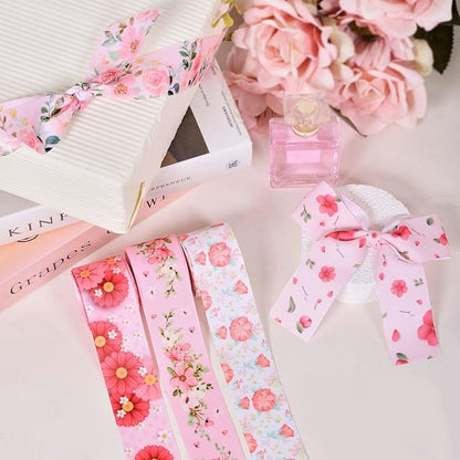 Floral Grosgrain Ribbon, 5 Rolls Flower Pattern Ribbon Spring Summer Fabric Decorative Craft Ribbon Roll for Gift Wrapping Decor Hair Bow Sewing Wreath Crafts (Pink Floral, 1-1/2Inch X 20Yards)