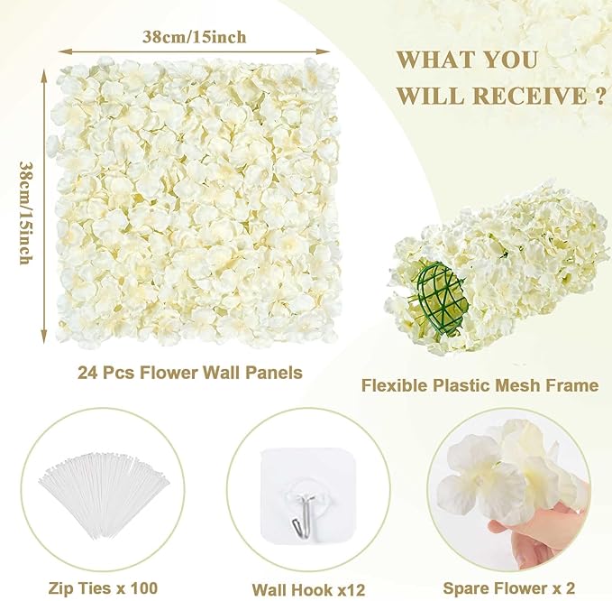 Ivory Backdrop Flowers Wall Panels: 24 Pcs 15 x 15 Inch Floral Backdrop Artificial Flower Wall Decor for Baby Shower Wedding Photo Background Decoration (5ft by 7.5ft)