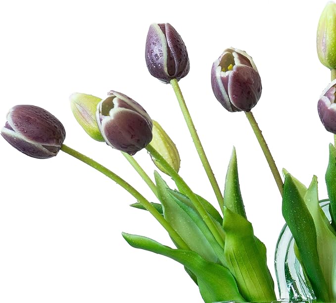 15pcs Artificial Tulips Flowers, Real Touch Latex Bouquet, Fake Tulips for Office Wedding Party Home Kitchen Garden Decoration-B Dark Plum
