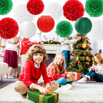 Red-Green White Party-Decorations Christmas Flowers Lanterns - 15PCS Italian Mexican Independence Day Paper Tissue Pom Poms Streamers,Mexico Italy Birthday Baby Shower Wedding Hanging Decor Hugfond