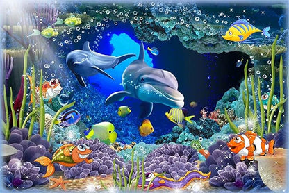 Seabed Flora and Fauna Patterns, Dolphins and sea Fish Free Swimming Wallpaper, Large Art Wall murals (Non-self-Adhesive)