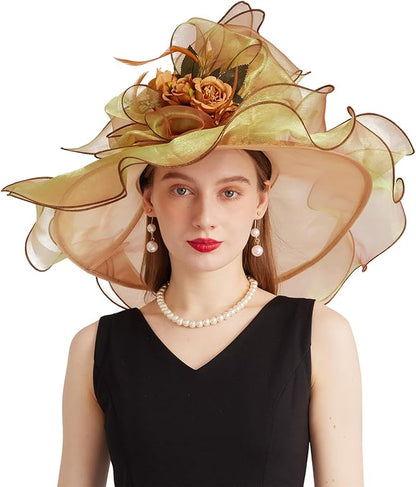 Organza Derby Hats for Women Wide Brim Fascinator Hat Rose Flower Wedding Tea Party Hat