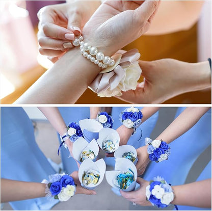MECCANIXITY 12Pcs Wrist Corsage Artificial Flower Bracelets Rose Wrist Bride Groom Decorative for Wedding Ceremony Prom Party Anniversary Pink