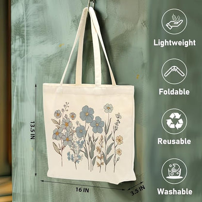Aesthetic Floral Canvas Tote Bag for Women with Pocket, Tote Bags for Grocery Shopping Work Gym Christmas Birthday