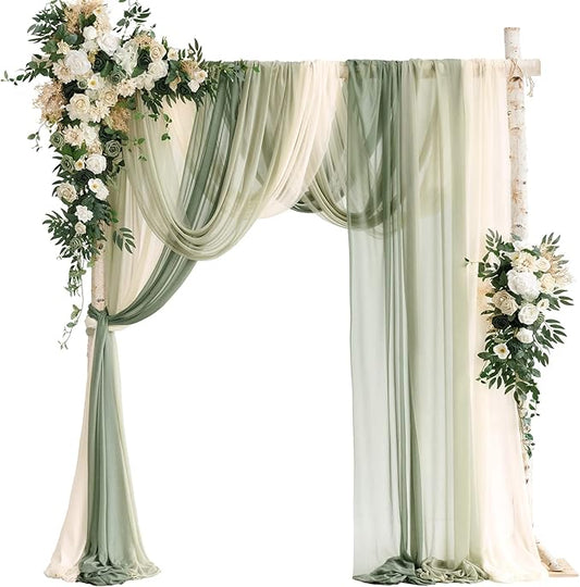 Ling's moment Wedding Arch Flowers with Sheer Drapes Kit - Artificial Spring Green Rose Floral Arrangements for Ceremony Backdrop, Arbor Decor, 5-Piece Set (2 Flower Stems + 3 Hanging Drapes)