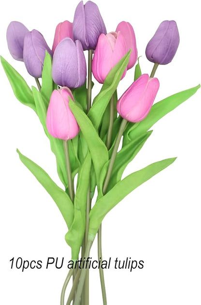 Artificial Flowers 10 Heads Mini Real Touch Artificial Tulip for Home Wedding Party Centerpiece Decoration (Mixed Purple)