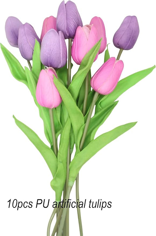 Artificial Flowers 10 Heads Mini Real Touch Artificial Tulip for Home Wedding Party Centerpiece Decoration (Mixed Purple)