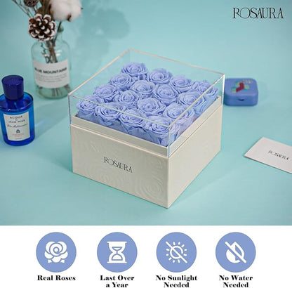 Rosaura Square Preserved Roses Gift Box - Real Forever Flowers in Clear Acrylic Lid, Valentine's for Women (Sky Blue, 16 Roses)