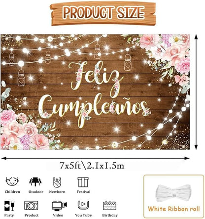 Feliz Cumpleaños Backdrop Pink Floral Retro Mexican Fiesta Happy Birthday Party Decorations Mexico Carnival Birthday Banner Photo Shoot Props 7x5ft