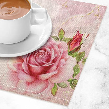Pink Flower Placemats Set of 8, 17x12 Inch Romantic Watercolor Floral Rose Print Table Mats for Home Party Kitchen Dining Decor