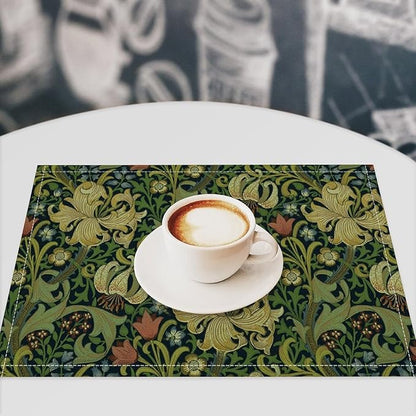 Vintage Floral Placemats Set of 4, William Morris Retro Boho Botanical Plant Place Mats, Heat Resistant Non Slip Cotton Linen Dining Table Mats for Home Kitchen Party 18x12 Inch