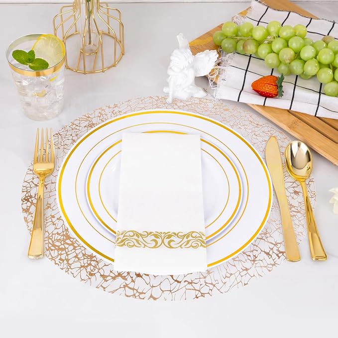 Hysenm 50 Pcs Disposable Champagne Placemats Set Metallic 13 Inch Round Table Doilies, Ultra-Thin Messy Lines Disposable Placement Mats for Home Decoration Dining Table Wedding Birthday Party