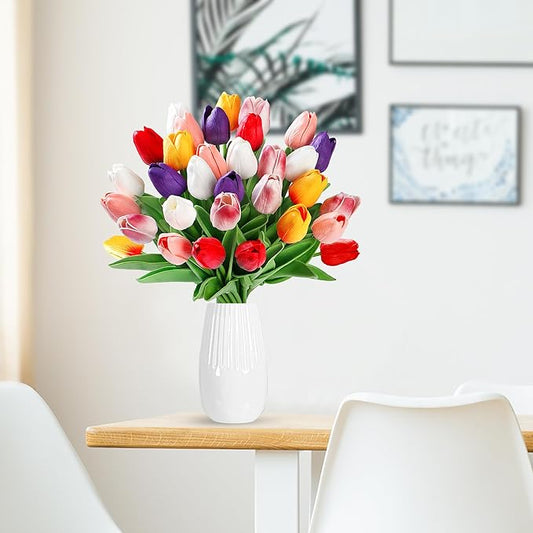 Sggvecsy 15 Pcs Fake Tulips Artificial Flowers Real Touch PU Faux Flowers Tulip Stems for Wedding Spring Bouquet Floral Arrangement Party Home Office Decorations for Mother's Day (Multi Colors)