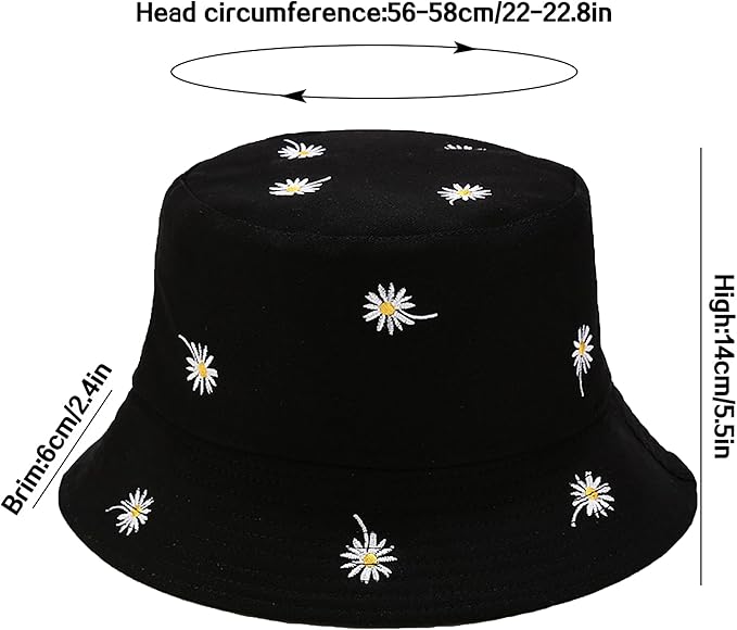 Flower Reversible Bucket Hat Cotton Summer Travel Beach Sun Hats Emboridery for Women Men