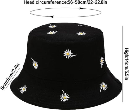 Flower Reversible Bucket Hat Cotton Summer Travel Beach Sun Hats Emboridery for Women Men