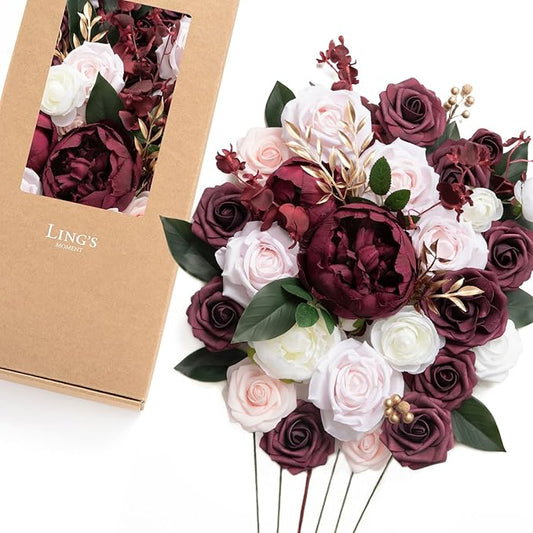 Ling's moment Fake Flowers Box, Faux Artificial Greenery Stems Foam Roses Silk Peonies Ranunculus Fabic Flower for Centerpieces Bouquet Wedding Vase Decorations, Berry Pink & Blush, Deluxe Combo