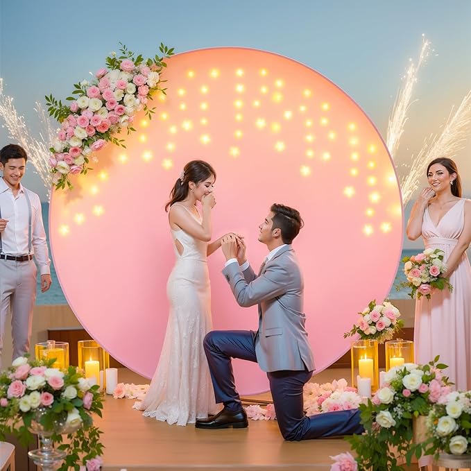 7.2 FT Pink Round Backdrop Cover with Lights String for Circle Arch Stand Circle Backdrop Covers with LED Fairy Lights for Wedding Baby Shower Girls Birthday Party Photo Shoot Photography Background