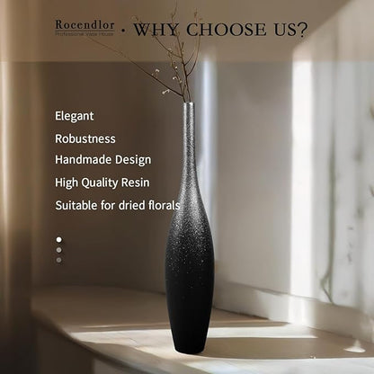 27.5" Tall Modern Floor Vase - Black with Silver Galaxy Ombre Finish - Resin Decorative Vases with Slim Neck & Weighted Base - Large Home Decor Vase for Living Room, Entryway
