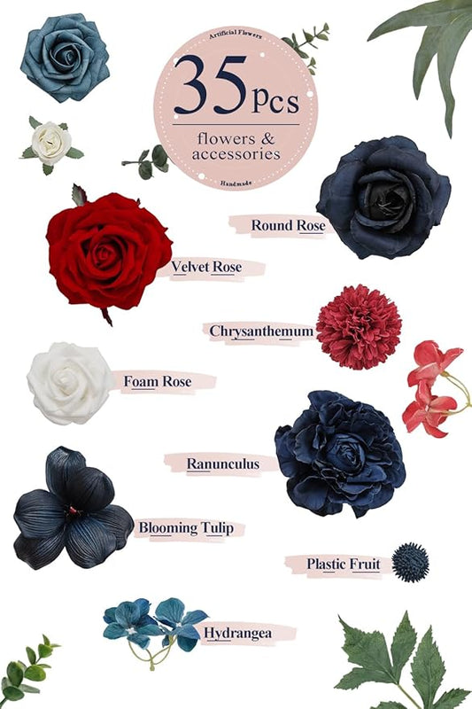 TINGE TIME Artificial Flowers Combo Mix Silk Flowers Navy Blue Roses w/stem for DIY Wedding Bridal Bouquets Baby Shower Floral Arrangement Table Centerpieces Home Decorations (Red & Navy Blue & White)