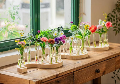 Melphoe Glass Bud Vases Small Flower Vase for Centerpieces Wedding Table Decorations, Home Decor, Propagation Station Plant Terrarium with Wooden Stand, Unique Plant Lover Gifts for Women (Beige)