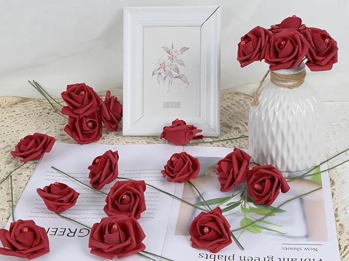 50PCS Foam Roses with Pearls 2.56in Burgundy Roses Artificial Flowers Bulk Foam Flowers with Stem for Wedding, Bridal Shower, Cake, Graduation and Home Decor(Burgundy)