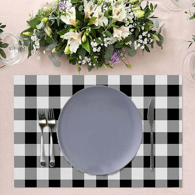 Buffalo Check Placemats Set of 4 Black and White Dining Place Mats Linen Table Mat for Farmhouse Home Kitchen Decor 12 X 18 Inch