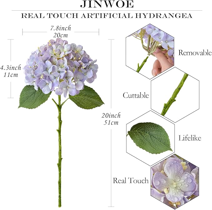4Pcs 20" Purple Real Touch Fake Hydrangea Flowers,Full Fake Flowers for Bouquet Table Centerpieces Spring Wedding Indoor Home Outdoor Baby Showers
