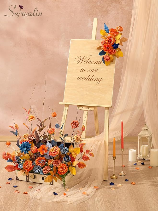Serwalin Fall Flowers Artificial, Orange Silk Flowers with Stems, Fake Roses Blue Dahia Flower for Wedding Bouquets Bridal Baby Shower Party Arrangment Cake Floral Decoration