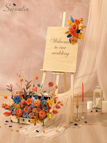Serwalin Fall Flowers Artificial, Orange Silk Flowers with Stems, Fake Roses Blue Dahia Flower for Wedding Bouquets Bridal Baby Shower Party Arrangment Cake Floral Decoration