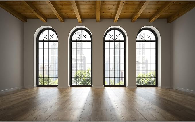 Empty Room Backdrop Concrete Walls Wooden Floor with Big Arched Windows Dance Photography Background Empty Loft Style with Brick Wall Photography Party Decorations Photo Studio Props 10x6.5ft
