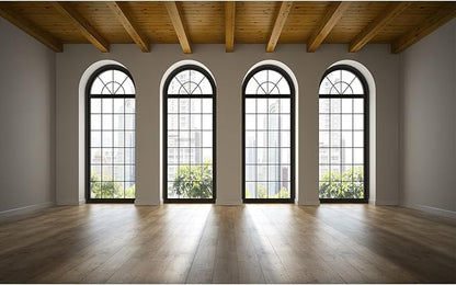 Empty Room Backdrop Concrete Walls Wooden Floor with Big Arched Windows Dance Photography Background Empty Loft Style with Brick Wall Photography Party Decorations Photo Studio Props 7x5ft