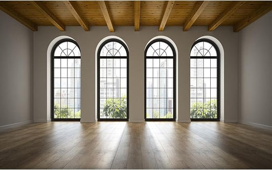 Empty Room Backdrop Concrete Walls Wooden Floor with Big Arched Windows Dance Photography Background Empty Loft Style with Brick Wall Photography Party Decorations Photo Studio Props 15x10ft