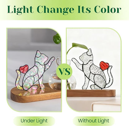 Hewory Handmade Cat Propagation Stations: Iridescent Stained Glass Cat Planter Pot with Wooden Stand for Desktop Decor for Plant Lovers Women