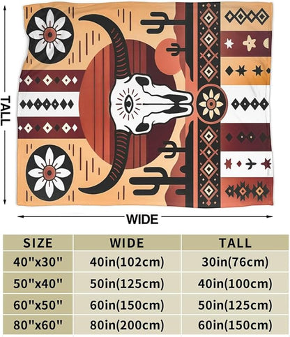 Western Boho Bull Skull Blanket Southwest Aztec Tribal Southwestern Navajo Throw Blanket Soft Cozy Fleece Fuzzy Stuffed Plush Flannel Gifts for Girls Women Boys Kids Adults 40''x50''