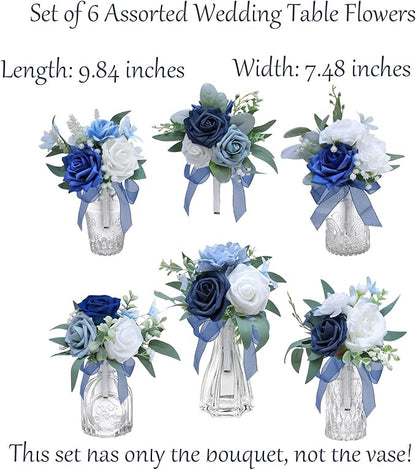 Marriwise Set of 6 Navy Blue Assorted Wedding Flower Centerpieces Pre-Made Mini Bridesmaid Bouquets Artificial Floral Rose Table Decor for Outdoor Beach Wedding Decorations Shower Home Decor